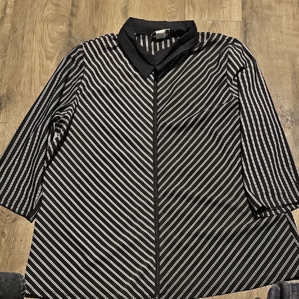90s Fashion Bug Monochrome Striped Blouse Zipper Stripes Large Oversized - Picture 5 of 5